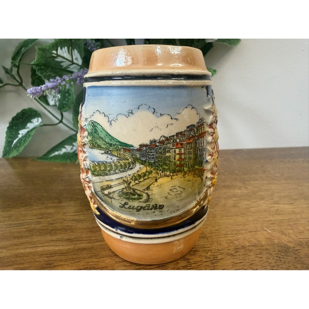 Vintage German Stoneware Beer Stein Alpine Floral Scenic‎ Relief Retro Bar Decor
